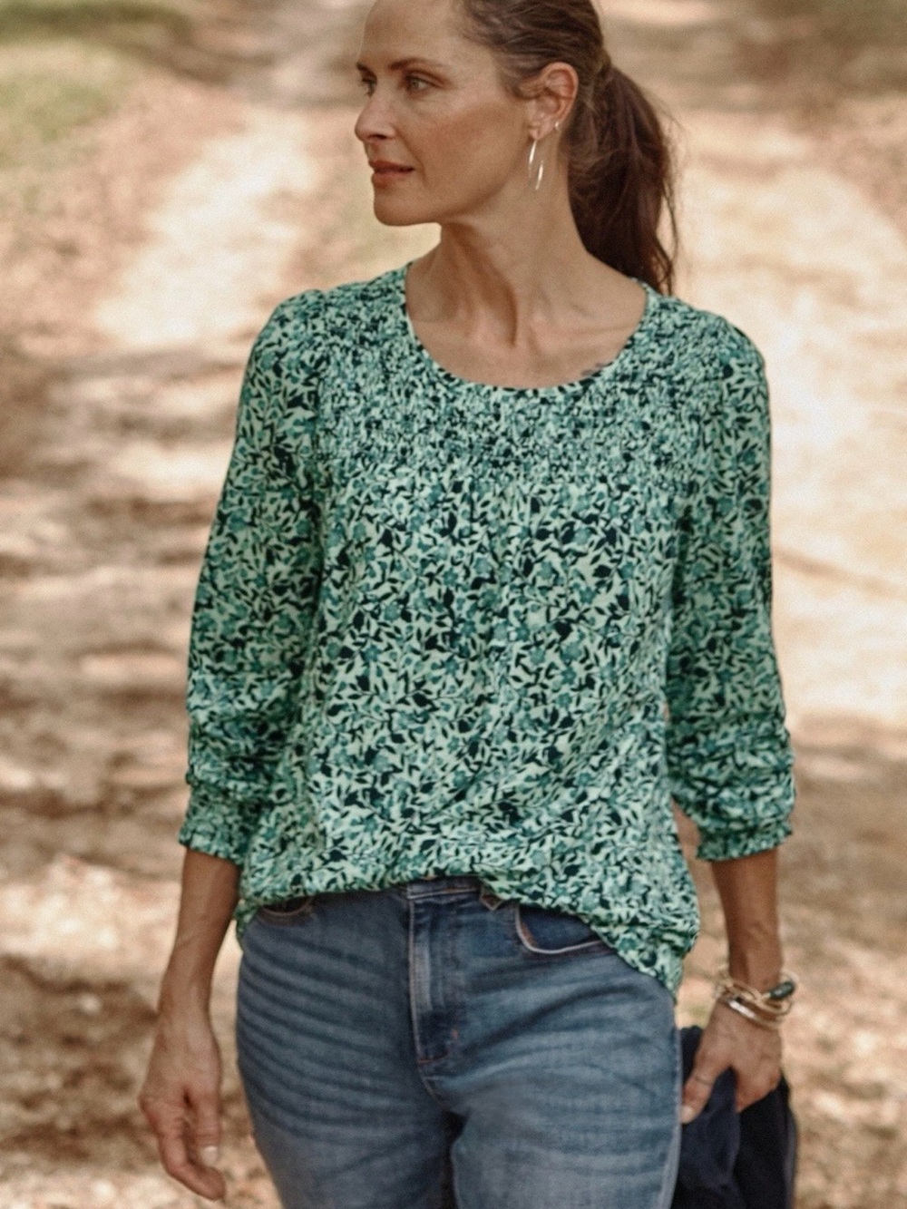 J. JILL Cotton Womens Green Floral Scoop-Neck Top Size XL